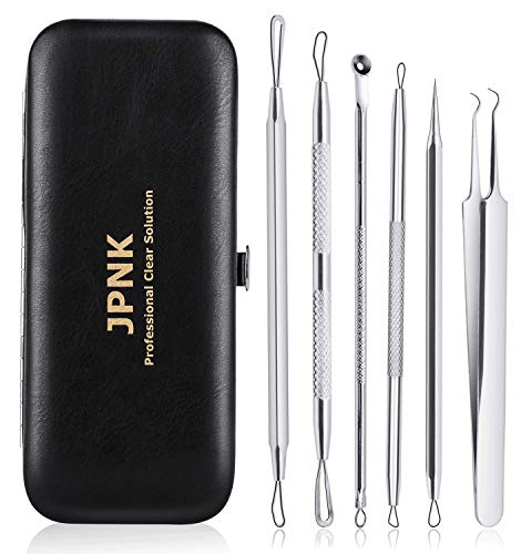 Book Cover JPNK 6 PCS Blackhead Remover Comedones Extractor Acne Removal Kit for Blemish, Whitehead Popping, Zit Removing for Nose Face Tools with a Leather bag(Silver)