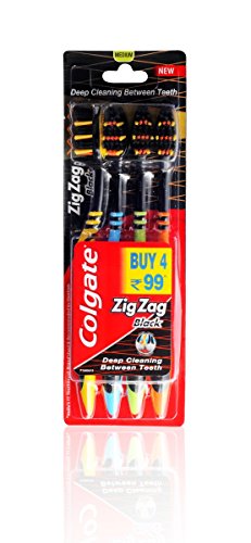 Book Cover Colgate Zig Zag Black Toothbrush - 4 Toothbrushes - (1 pack of 4 Brushes) For Deep Cleaning In between Teeth