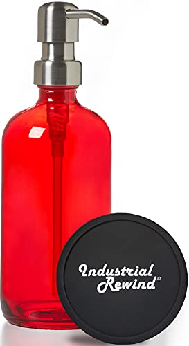 Book Cover Red Soap Dispenser with Stainless Steel Pump - 16oz Red Glass Dish Soap Dispenser with Non Slip Coaster and Top Protector
