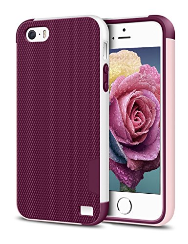 Book Cover iPhone 5/5S SE Case, EXSEK Hybrid Impact Ultra Slim 3 Color Shockproof Case [Anti-Slip] [Extra Front Raised Lip] Scratch Resistant Soft Gel Bumper Rugged Case for iPhone 5/5S (Wine Red)