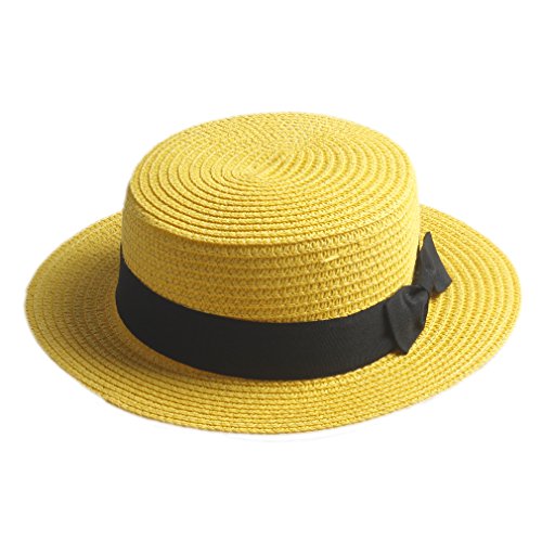 Book Cover Elee Children Girls Straw Bowler Derby Hat Round Flat Brim Caps (Yellow)