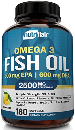 Book Cover NutriFlair Omega 3 Fish Oil Supplement - Lemon Flavor, No Fishy Burps - Triple Strength EPA + DHA, Easy to Swallow - Joint, Heart and Brain Health Formula