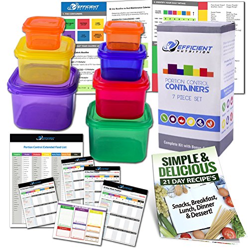 Book Cover Efficient Nutrition Portion Control Containers Kit (7-Piece) + COMPLETE GUIDE + 21 DAY PLANNER + RECIPE eBOOK, BPA FREE Meal Prep System for Diet and Weight Loss, Similar to 21 Day Fix Containers