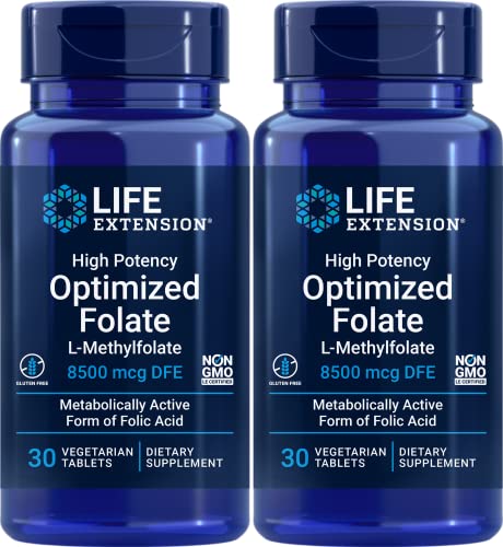 Book Cover Life Extension High Potency Optimized Folate L-Methylfolate 8500 mcg DFE, 30 Vegetarian Tablets (Pack of 2)