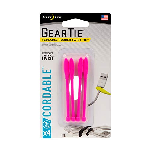Book Cover Nite Ize Gear Tie Cordable, The Orginal Reusable Rubber Twist Tie with Stretch-Loop for Cord Management + Storage, 3-Inch, Neon Pink, 4 Pack, Made in The USA