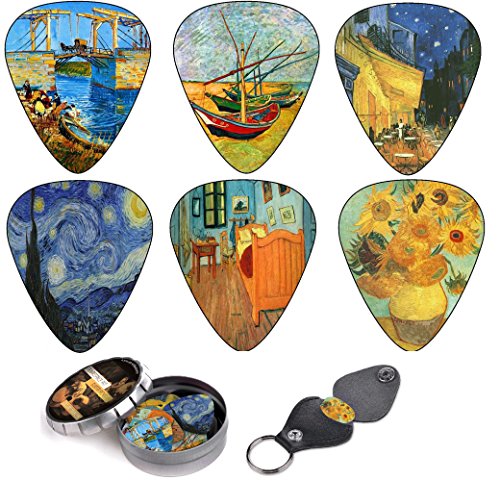 Book Cover Vincent Van Gogh Guitar Picks Complete Gift Set For Guitarist. Celluloid Medium 12 Pack in A Tin Box + Picks Holder - Unique Stocking Stuffer For Guitar Player - Limited Time Deal
