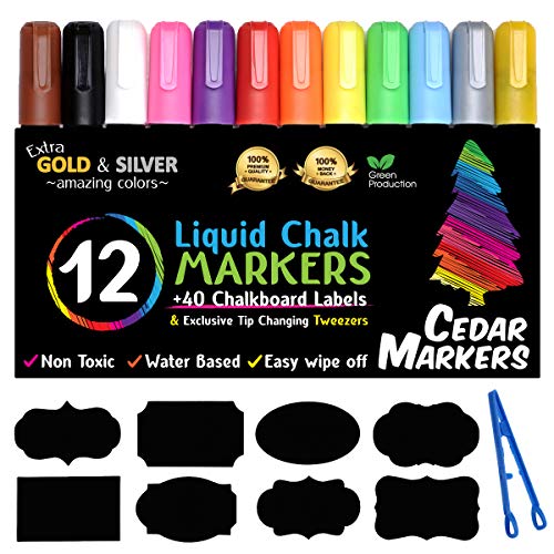 Book Cover Cedar Markers Liquid Chalk Markers - 12 Pack With 40 Chalkboard Labels - Bold Neon Color Pens Including Gold And Silver Paint. Dry Erase Markers for Windows, Glass, Chalkboard with Reversible Tip.