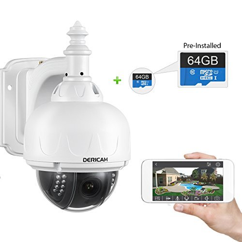 Book Cover Dericam Outdoor Wireless Security Camera, PTZ Camera, 4X Optical Zoom, Auto-Focus, 1.3 Megapixel, Pre-Installed 32GB Memory Card, S1-32G2, White.