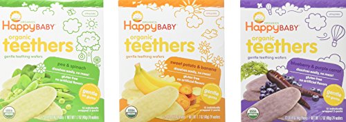 Book Cover Happy Baby Organic Teethers Gentle Teething Wafers 3 Flavor Sampler Bundle: (1) Pea & Spinach Teething Wafers, (1) Sweet Potato & Banana Wafers, and (1) Blueberry & Purple Carrot Wafers, 1.7 Oz. Ea.