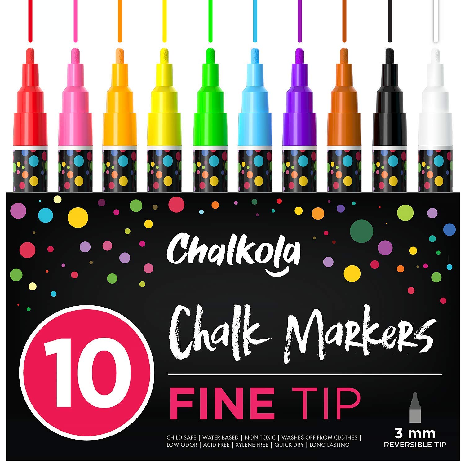 Book Cover Fine Tip Chalk Markers (10 Pack 3mm) - Bold Color Erasable Dry Erase Marker Pens for Blackboards, Chalkboard, Window, Bistro - 3mm Reversible Bullet & Chisel Point