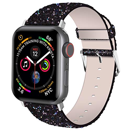 Book Cover iitee Christmas Shiny Glitter Power PU Leather Bling Luxury iWatch Strap Band Wristwatch Bracelet Strap Belt for Apple Watch (38mm 40mm, Gold)
