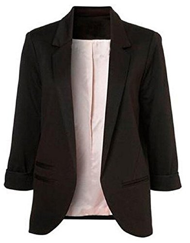 Book Cover Faddish Women's Cotton Basic Boyfriend Ponte Rolled Blazer Jacket Suits - Black -