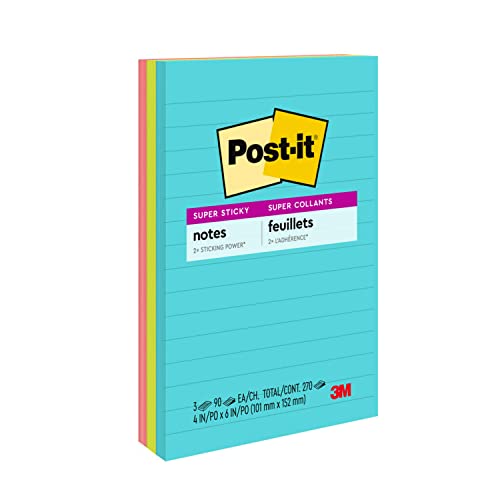 Book Cover Post-it Super Sticky Notes, 4x6 in, 3 Pads, 2x the Sticking Power, Supernova Neons, Bright Colors, Recyclable (660-3SSMIA)