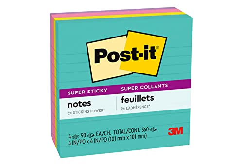Book Cover Post-it Super Sticky Notes, 4x4 in, 4 Pads, 2x the Sticking Power, Miami Collection, Neon Colors (Orange, Pink, Blue, Green), Recyclable (675-4SSMIA)