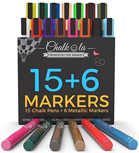 Book Cover Chalk Markers & Metallic Colors - Pack of 21 neon chalk pens - For Chalkboard, Whiteboard, Blackboard, Window, Labels, Bistro, Glass - Wet Wipe Erasable - 6mm Reversible bullet & chisel Tip