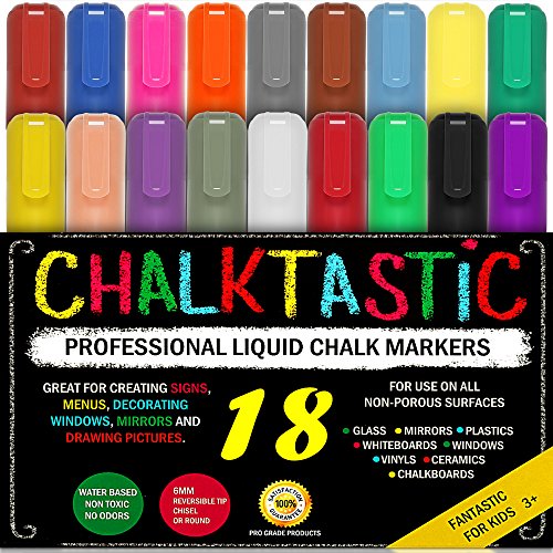 Book Cover CHALK MARKERS & Pens - By Fantastic ChalkTastic MEGA 18 Pack BEST for Kids, Menu Board Bistro Boards - Glass & Window Erasable Marker Pen - Reversible 6mm Tip, Neon & Earth Colors, Gold & Silver