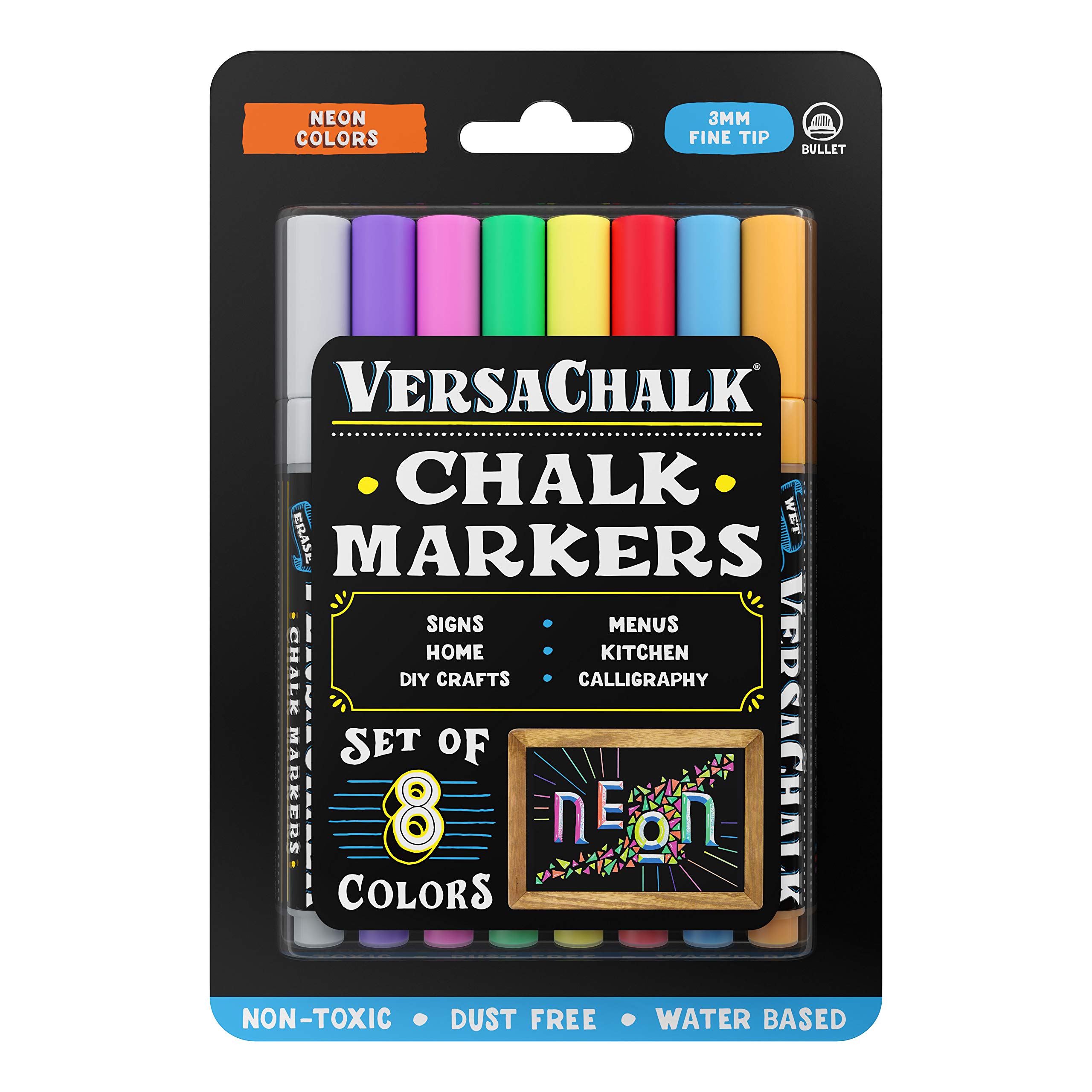 Book Cover VersaChalk Neon Liquid Chalk Markers for Blackboards (8 Pack, 3mm, Fine Tip) - Erasable Washable Chalk Pens for Chalkboard Signs, Windows, Glass, Events, Schools, Office Supplies, and Business Fine 3mm Neon Colors
