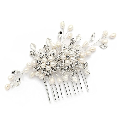 Book Cover Mariell Genuine Freshwater Pearl Wedding Hair Comb - Designer Bridal Headpiece with Crystal Sprays