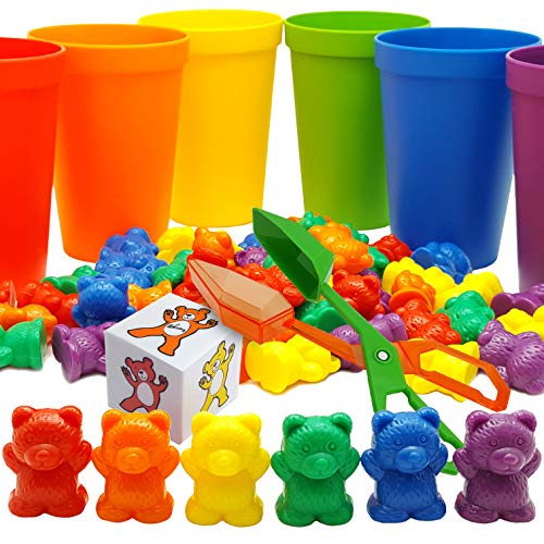 Book Cover Skoolzy Rainbow Counting Bears with Matching Sorting Cups, Bear Counters and Dice Math Toddler Games 71pc Set - Bonus Scoop Tongs, Storage Bagsâ€¦