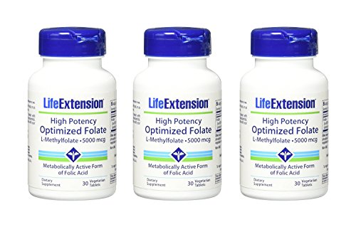 Book Cover Life Extension High Potency Optimized Folate 5000 mcg, 30 vegetarian tablets-PACK-3
