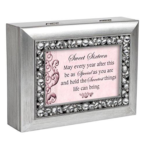 Book Cover Sweet Sixteen Brushed Silver Jeweled Inlay Jewelry Music Box Plays You Light Up My Life