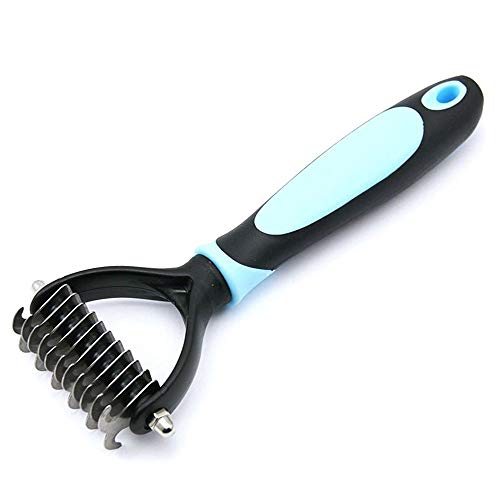 Book Cover CeleMoon [Dematting Comb] Pet Dematting Comb/Rake Dual Sided 6 + 11 Teeth, Professional Undercoat Fur Grooming Rake Knot Cutter for Cats & Dogs (Blue)