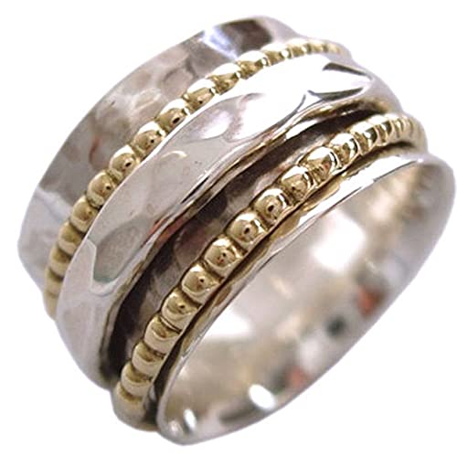 Book Cover ENERGY STONE Clarity Sterling Silver Meditation Spinner Ring with Brass and Silver Spinners on Hammered Pattern Base Ring (Style US01)