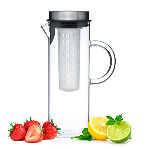 Book Cover Glass Water Pitcher With Lid & Fruit Infuser Rod | Borosilicate Glass Carafe W/ Up To 50Oz/1500ml Capacity | Stainless Steel Lid, BPA-FREE Infusion Filter | Perfect For Water, Tea, Sangria, Juice