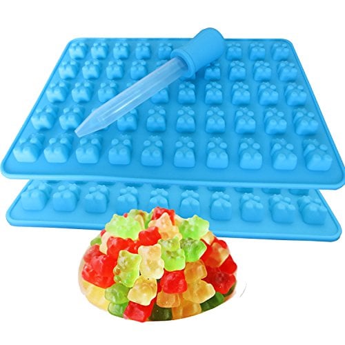 Book Cover 2 Pack 50 Cavity Silicone Gummy Bear Candy Chocolate Mold With a Bonus Dropper Making Cute Gift For Your Kids