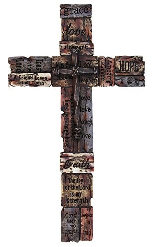 Book Cover Beautiful Wall Cross with Inspirational Sayings, Realistic Wood Texture with Faux Iron Cross in Center