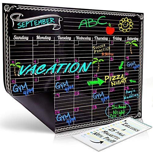 Book Cover Bigtime Signs Dry Erase Magnetic Refrigerator Monthly Calendar - Black Flexible Magnet Board Design - For Kitchen Fridge - Use with Fluorescent or Neon Liquid Chalk Markers