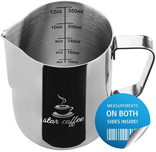 Book Cover Star Coffee 12oz Stainless Steel Milk Frothing Pitcher - Measurements on Both Sides Inside Plus eBook & Microfiber Cloth - Perfect for Espresso Machines, Milk Frothers, Latte Art
