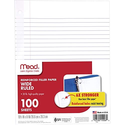 Book Cover Mead Loose Leaf Paper, Filler Paper, Reinforced, Wide Ruled, 100 Sheets, 10-1/2 x 8 inches, 3 Hole Punched, 1 Pack (15006)
