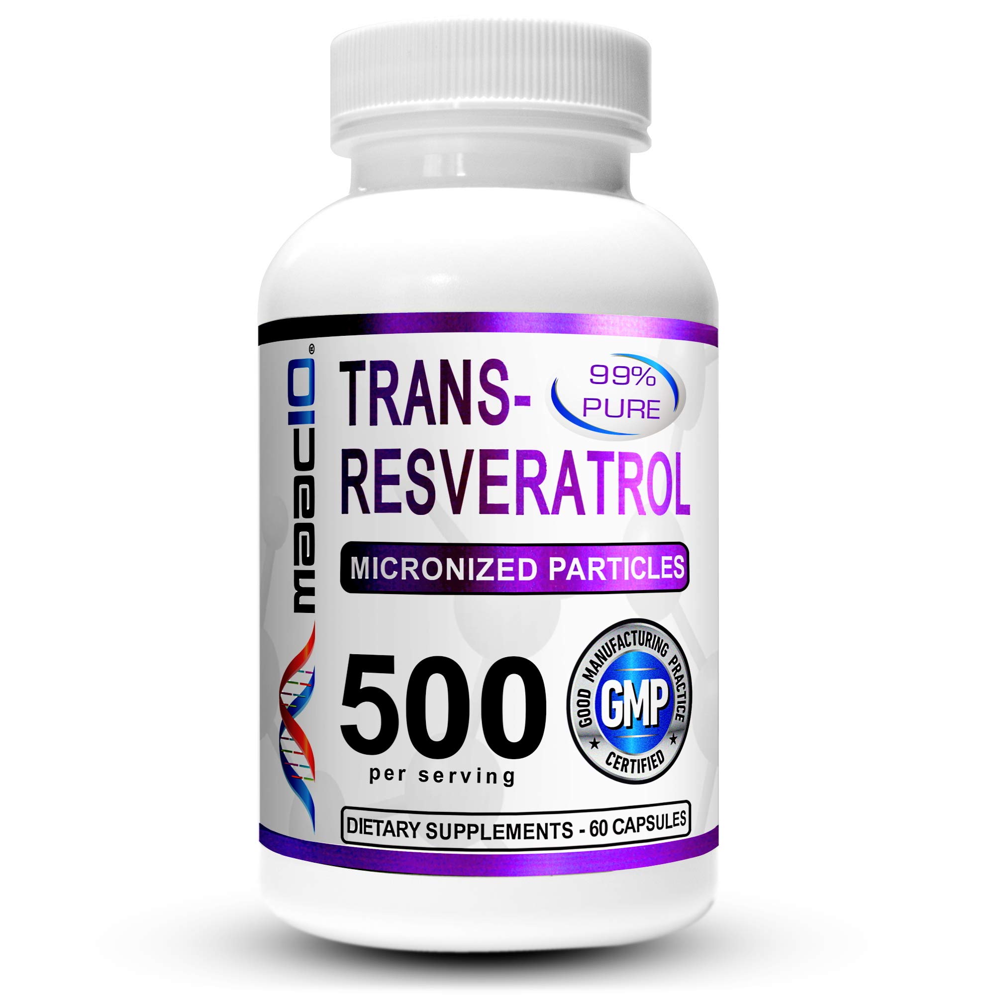 Book Cover MAAC10 - Trans Resveratrol 500mg Supplement (Micronized Pharmaceutical Grade 99% Pure Trans-Resveratrol Extract + BioPerine for Superior Absorption) (2X 250mg Capsules 60ct)
