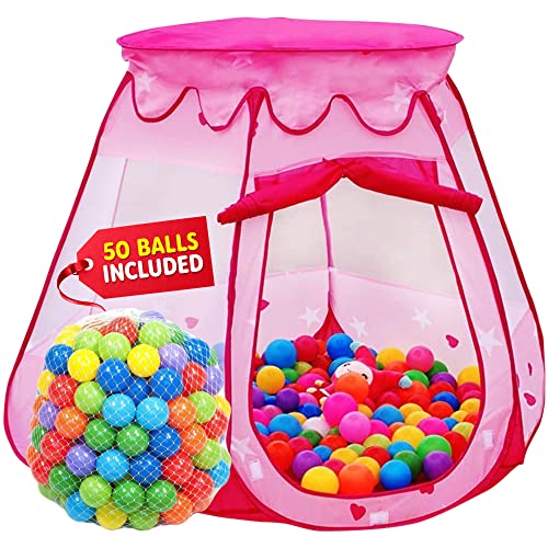 Book Cover Playz Ball Pit Princess Castle Play Tent for Girls w/ 50 Balls Included - Pop Up Children Play Tent for Indoor & Outdoor Use - Playland Playhouse Tent w/ & Glow in The Dark Stars & Zipper Storage Case