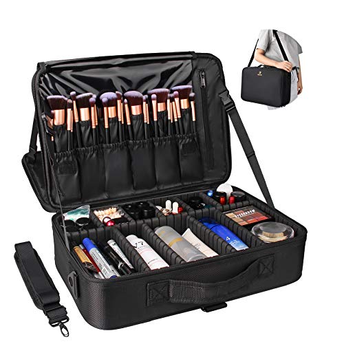 Book Cover Professional Makeup Train Case Cosmetic Organizer Make Up Artist Box 2 Layer Large Size with Adjustable Shoulder