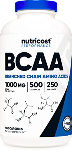 Book Cover Nutricost BCAA 1000mg, 500 Capsules (250 Serv), 2:1:1 Branched Chain Amino Acids (500mg of L-Leucine, 250mg of L-Isoleucine and L-Valine)