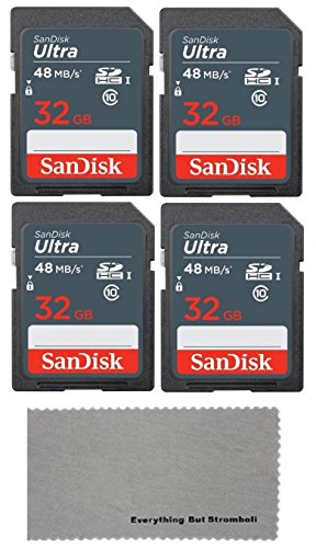 Book Cover SanDisk 32GB Ultra (4 Pack) UHS-I Class 10 SDHC Memory Card, Retail Packaging - with (1) Everything But Stromboli (tm) Microfiber Cloth