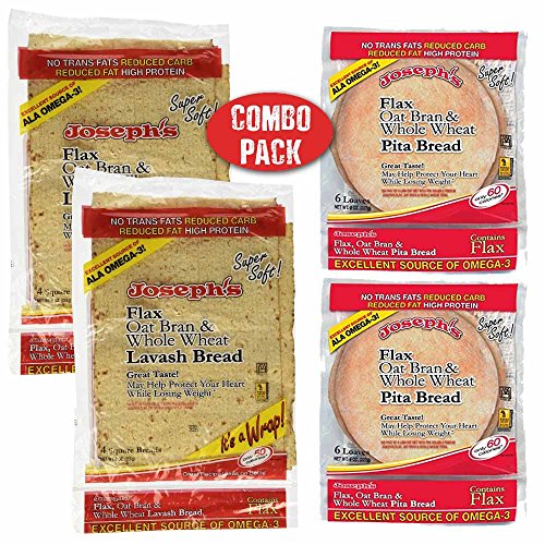 Book Cover Joseph's Low Carb 4 Pack Value Variety Bundle, Flax Oat Bran Whole Wheat Lavash Bread (8 Squares) and Pita Bread (12 Loaves)
