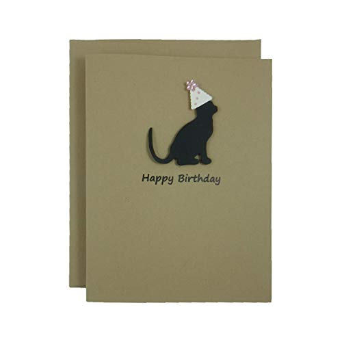 Book Cover Cat Birthday Card - Handmade Black Cat Birthday Greeting Card on Kraft Card stock with Envelope - Party Hat - Pet Birthday