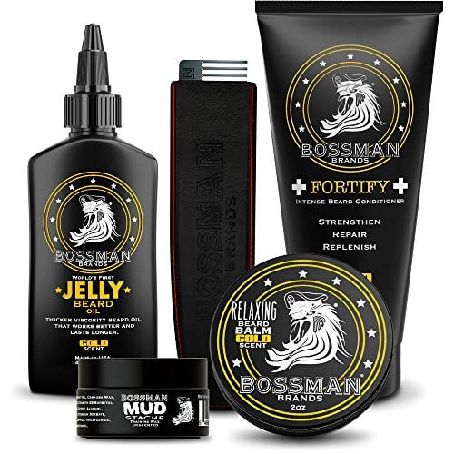 Book Cover Bossman Complete Beard Kit - Men's Beard Oil Jelly, Fortify Shower Conditioner, Balm, Mustache Wax and Comb - Beard Softener, Growth, Care and Grooming Products Kit (Gold)
