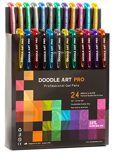 Book Cover DOODLE ART PRO Glitter Gel Pens with Metallic Set of 24 for Adult Coloring Books - Assorted Colors Gel Pens Set, Fine Tip, Quick Dry, Professional Coloring Pen