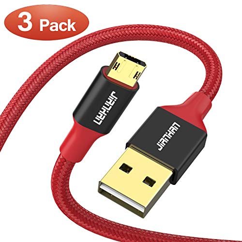 Book Cover Reversible Micro USB Cable,JianHan [3-Pack] Braided Micro USB Charging Cable for Samsung Galaxy S7 S6 J7 Edge,Note 5,LG G3 G4,Kindle,Xbox,PS4,Nexus,Motorola,Android Phones (1.5ft /3.3ft /6.6ft Red)