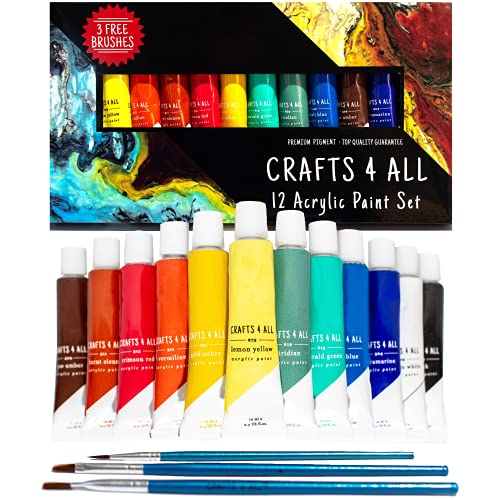 Book Cover Crafts 4 All Acrylic Paint Set for Kids and Adults - 12 Pack of 12 mL Craft Paint Colors for Wood, Canvas, Fabric and Ceramics w/ 3 Different Sized Brushes - Art Supplies