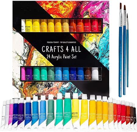 Book Cover Crafts 4 All Acrylic Paint Set for Adults and Kids - 24-Pack of 12mL Paints for Canvas, Wood & Ceramic w/ 3 Art Brushes - Non-Toxic Craft Paint Sets - Stocking Stuffers for Girls and Boys