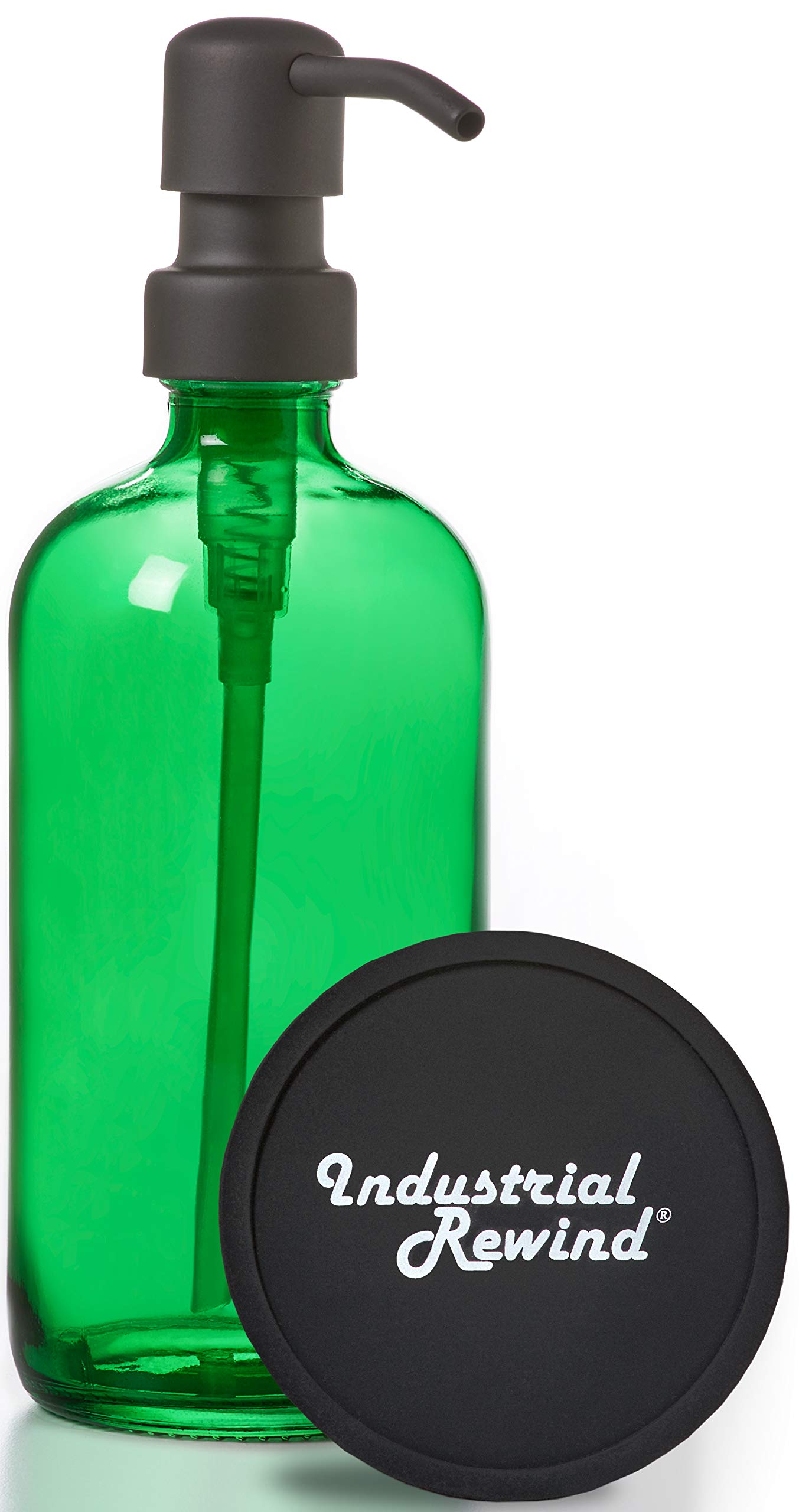 Book Cover Industrial Rewind Black Metal Bathroom/Kitchen Sink Soap Dispenser Pump with Green 16oz Glass Bottle, Lotion Bottle