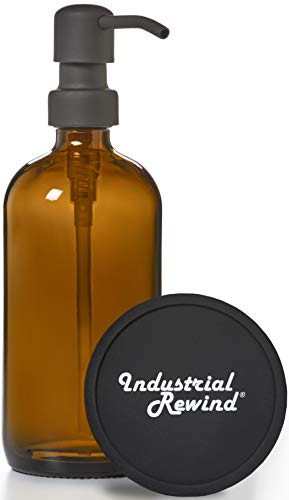 Book Cover Amber Glass soap Dispenser Bottle with Matte Black Industrial Quality Metal Pump and Non Slip Coaster - Brown Glass 16oz