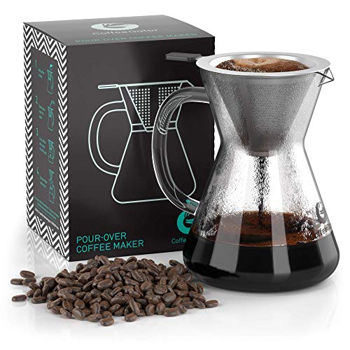 Book Cover Coffee Gator Pour Over Coffee Maker - 14 oz Paperless, Portable, Drip Coffee Brewer Pour Over Set w/Glass Carafe & Stainless-Steel Mesh Filter, 400ml Clear