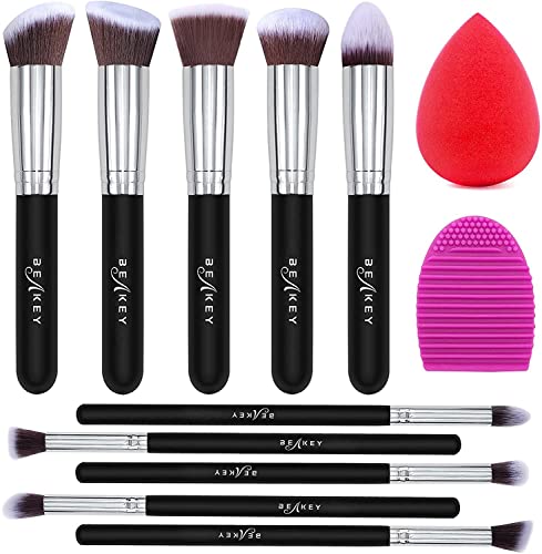 Book Cover BEAKEY Makeup Brush Set Premium Synthetic Foundation Face Powder Blush Eyeshadow Kabuki Brush Kit, Makeup Brushes with Makeup Sponge and Brush Cleaner (10+2pcs, Black/Silver)