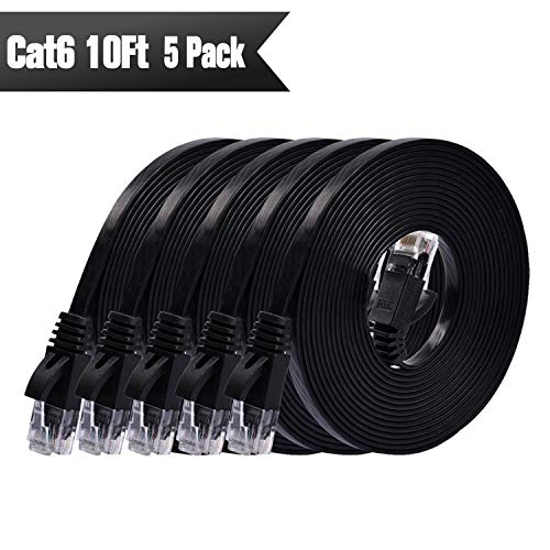 Book Cover Cat 6 Ethernet Cable 10 ft (5 Pack) (at a Cat5e Price but Higher Bandwidth) Flat Internet Network Cables - Cat6 Ethernet Patch Cable Short - Black Computer Cable with Snagless RJ45 Connectors